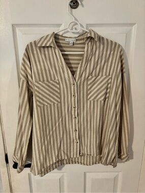 Miou Muse Beige & White Striped Button-Down Shirt